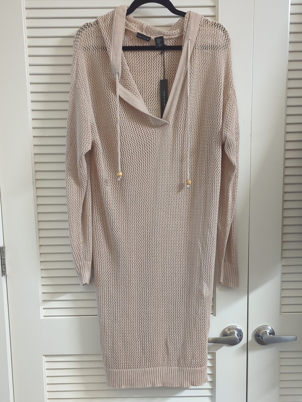 NWT XL Tahari Cotton Blend Beige Open-Weave Hooded Swim Coverup with Drawstring